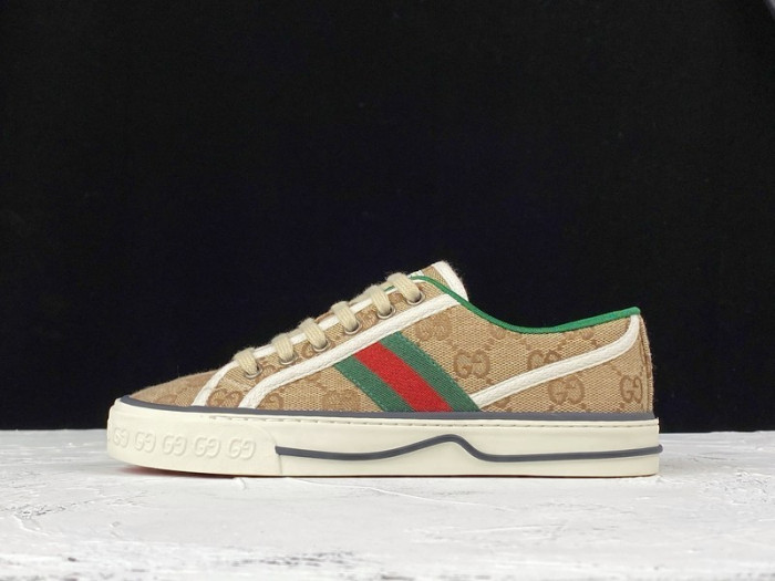 g*u*i ace embroidered low-top sneaker light brown green red e2235